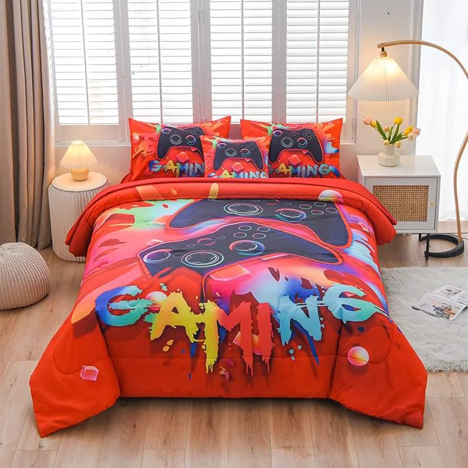 Advanced Aimuan Gaming Comforter Sets for Boys Kids Bedding Sets Video Games Console Action Buttons Novelty Colorful Game Gamepad Controller Modern Gamer Room Decor Home Quilt Set Twin 6 Pcs Red Casual