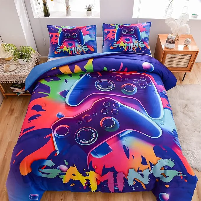 Recyclable Aimuan Gamer Gaming Bedding Sets 3D Gamepad Comforter Sets for Boys Games Console Action Buttons Novelty Colorful Game Controller Modern Room Decor Home Quilt Set Queen Purple Top-Quality