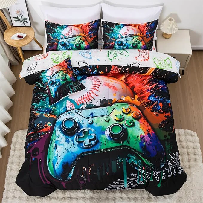 Innovative Aimuan Gamer Gaming Bedding Sets 3D Gamepad Comforter Sets for Boys Games Console Action Buttons Novelty Colorful Game Controller Modern Room Decor Home Quilt Set Green Full 6Pcs Effective