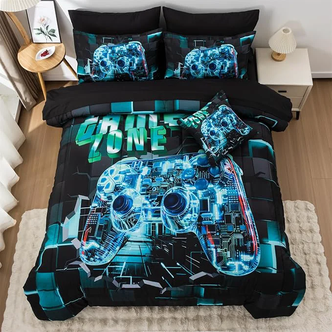 Quality Aimuan Gamer Gaming Bedding Sets 3D Gamepad Comforter Sets for Boys Games Console Action Buttons Novelty Colorful Game Controller Modern Room Decor Home Quilt Set Cyan Full 6PCS Traditional