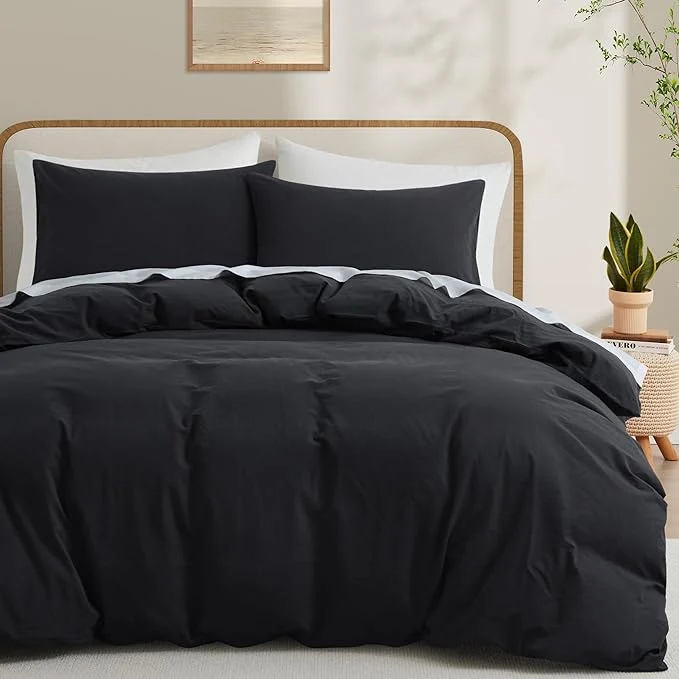 Verified Black Duvet Cover Full Size Washed Cotton Linen Like Bedding Set with Zipper Closure No Comforter 80×90 Inches Trusted