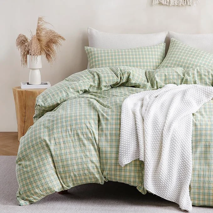 Organic TOCOMOA Plaid Duvet Cover Set Washed Cotton Like Linen Feel Super Soft Comfy 3 Piece Green and Yellow Gingham Checkered Bedding Comforter Cover Set King 104 quot x90 quot Comforter Not Included Excellent