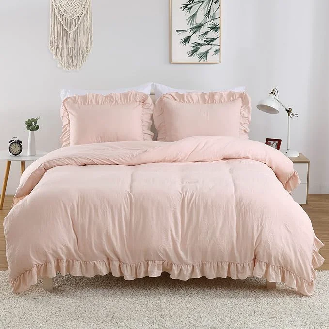 Excellent Ruffle Duvet Cover King Size 3PCS Soft Washed Microfiber Vintage French Country Duvet Cover Set with Button Closure Pink 104×90 in Practical