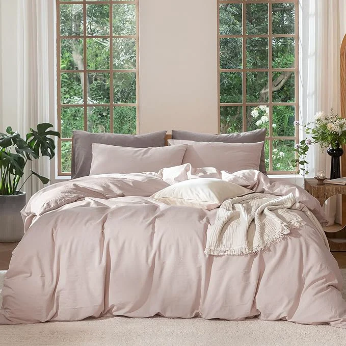 Carefully Designed MooMee Bedding Duvet Cover Set Washed Cotton Linen Like Textured Breathable Durable Soft Comfy Heathered Greyish Pink Cal King 104 quot x98 quot Official