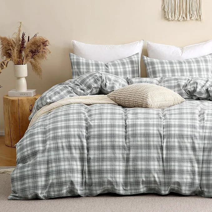 Versatile TOCOMOA Plaid Duvet Cover Set Washed Cotton Like Linen Feel Super Soft Comfy 3 Piece Grey and Green Gingham Checkered Bedding Comforter Cover Set King 104 quot x90 quot Comforter Not Included Detailed