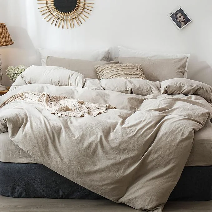 Stylish MooMee Bedding Duvet Cover Set Washed Cotton Linen Like Textured Breathable Durable Soft Comfy Heathered Tannish Linen Grey Super King Plus 120 quot x120 quot Efficient