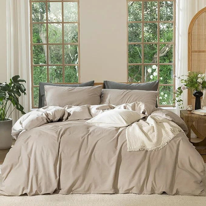 Consistent MooMee Bedding Duvet Cover Set Washed Cotton Linen Like Textured Breathable Durable Soft Comfy Heathered Taupe Super King 108 quot x98 quot Easy-to-Use