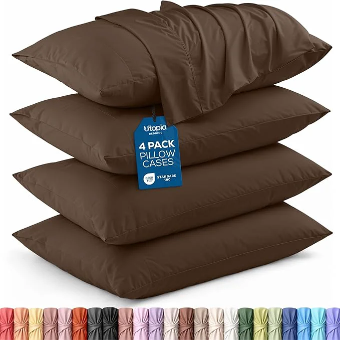 Relaxed Utopia Bedding Standard Pillow Cases – 4 Pack – Envelope Closure – Soft Brushed Microfiber Fabric – Shrinkage and Fade Resistant Pillow Covers Standard Size 20 X 26 Inches Standard Brown Authentic