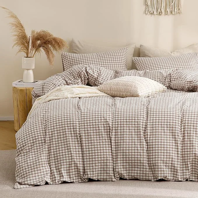 Trendy TOCOMOA Tan Gingham Duvet Cover Bedding Set Washed Cotton Like Linen Feel Super Soft Comfy 3 Piece Brown Vintage Plaid Checkered Fall Comforter Cover Set Queen 90 quot x90 quot Comforter Not Included Superior