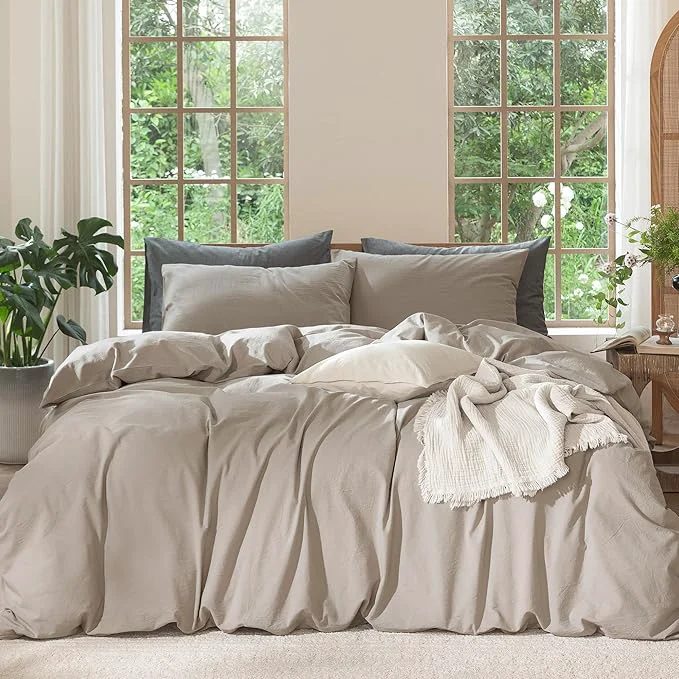 Casual MooMee Bedding Duvet Cover Set Washed Cotton Linen Like Textured Breathable Durable Soft Comfy Solid Light Tan Palatial King Oversized King 120 quot x98 quot Official