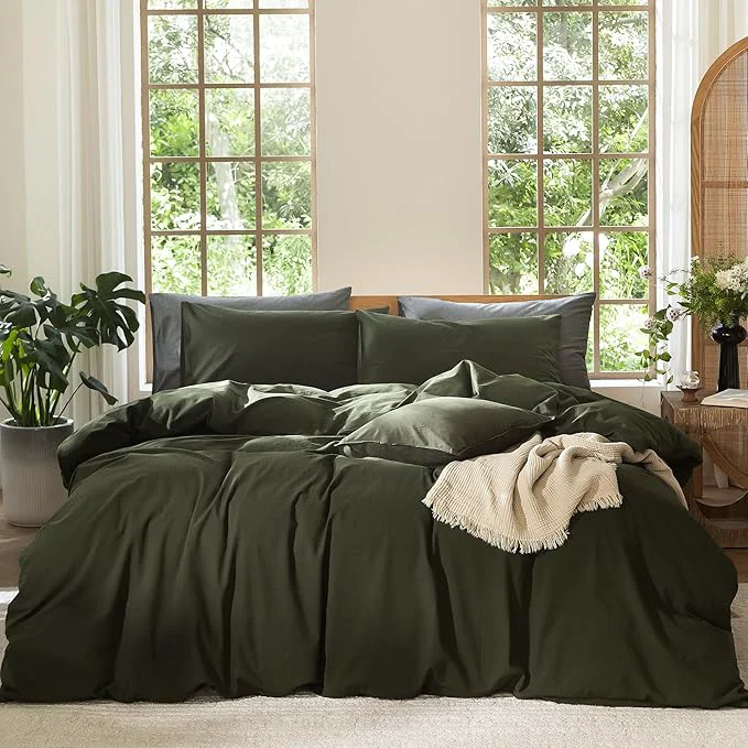 Proven MooMee Bedding Duvet Cover Set Washed Cotton Linen Like Textured Breathable Durable Soft Comfy Solid Olive Green Queen 90 quot x90 quot Comfortable