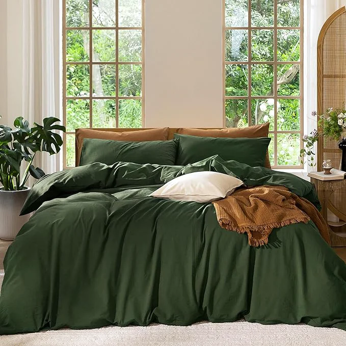 Exceptional MooMee Bedding Duvet Cover Set Washed Cotton Linen Like Textured Breathable Durable Soft Comfy Solid Forest Green Palatial King Oversized King 120 quot x98 quot Fine Crafted
