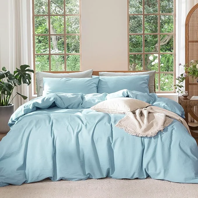 High-Performance MooMee Bedding Duvet Cover Set Washed Cotton Linen Like Textured Breathable Durable Soft Comfy Heathered Light Blue Queen 90 quot x90 quot Reliable