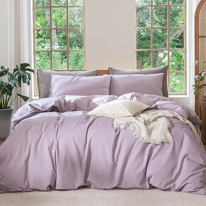 Professional MooMee Bedding Duvet Cover Set Washed Cotton Linen Like Textured Breathable Durable Soft Comfy Heathered Light Purple King 104 quot x90 quot Effective