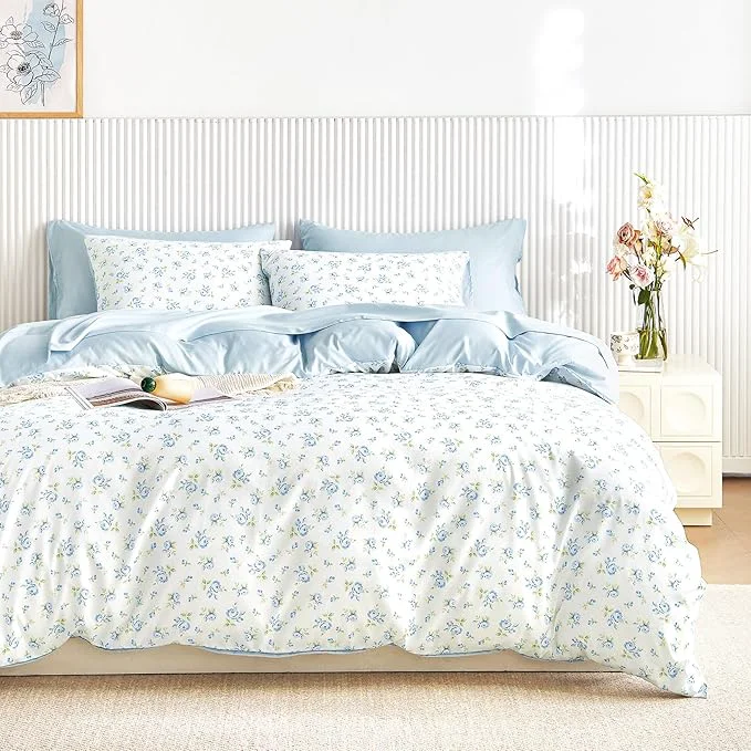 Advanced Wake In Cloud – Coquette Duvet Cover Set Floral Cottagecore Flower Shabby Chic Cute Aesthetic Soft Lightweight Bedding for Women Teen Girls 3-Piece White Blue King Size Outstanding