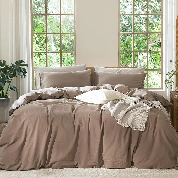 Contemporary MooMee Bedding Duvet Cover Set Washed Cotton Linen Like Textured Breathable Durable Soft Comfy Solid Brown Cal King 104 quot x98 quot Exclusive
