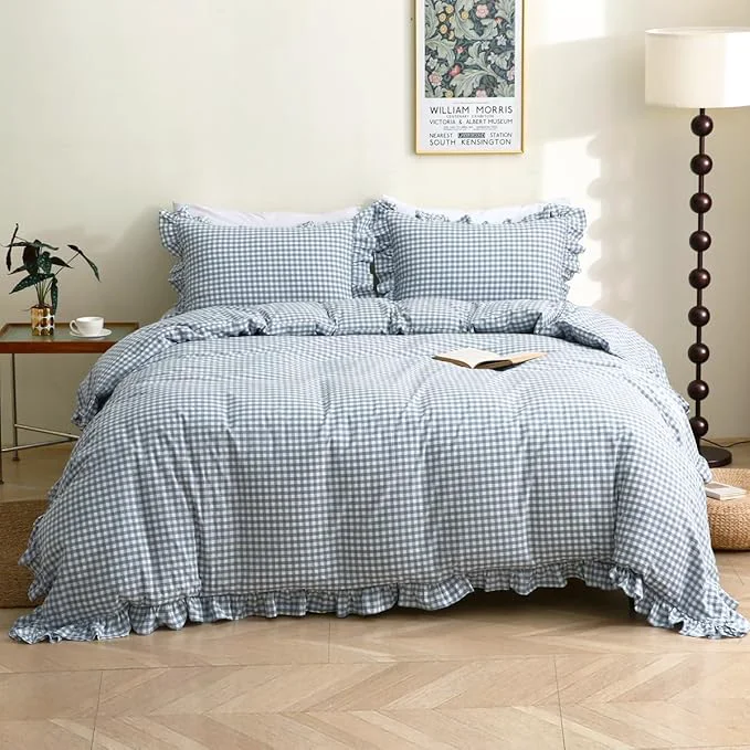 User-Friendly Light Blue White Plaid Ruffle Duvet Cover Set Twin Size Washed Cotton 3 Pcs Vintage Checkered Chic Gingham Farmhouse Bedding Set Comforter Cover Set Relaxed