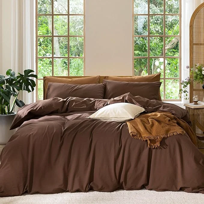 Luxury MooMee Bedding Duvet Cover Set Washed Cotton Linen Like Textured Breathable Durable Soft Comfy Solid Cocoa Brown Cal King 104 quot x98 quot