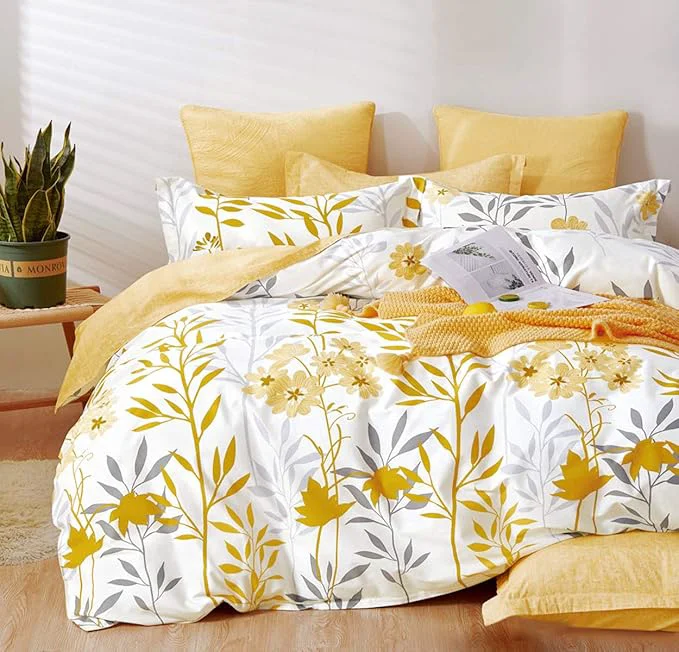 Sophisticated SLEEPBELLA Duvet Cover Queen Size 600 Thread Count Cotton Grey Branches and Yellow Flower Reversible Comforter Cover Queen White Leaf Effective