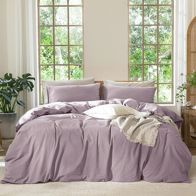 Crafted MooMee Bedding Duvet Cover Set Washed Cotton Linen Like Textured Breathable Durable Soft Comfy Solid Taro Purple Super King Plus 120 quot x120 quot Artisan