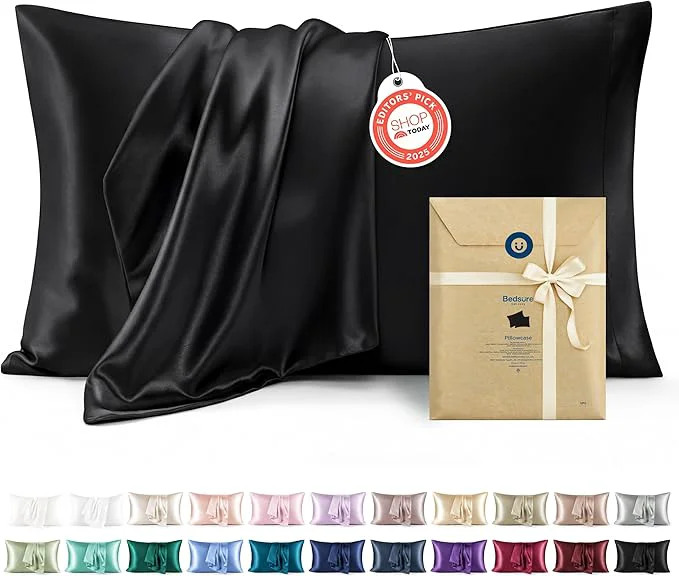 Fast Bedsure Satin Pillowcase 2 Pack Similar to Silk Pillow Cases Standard Size Pillow Case for Sleeping Women with Envelope Closure Gifts for Women Men Black 20×26 Inches 2pcs Genuine