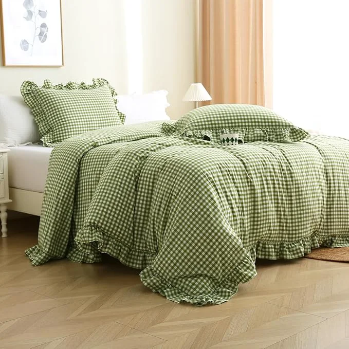 Fine Olive Green White Checkered Ruffle 3-Piece Duvet Cover Set Full Size Washed Cotton Shabby Gingham Plaid Bedding Set Farmhouse Comforter Set Full Olive Green Sustainable