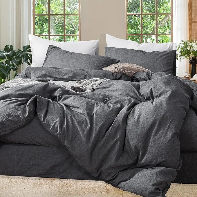 Responsible MooMee Bedding Duvet Cover Set Washed Cotton Linen Like Textured Breathable Durable Soft Comfy Heathered Dark Grey Super King 108 quot x98 quot Smooth