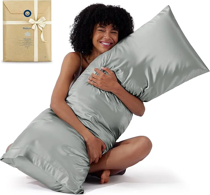 First-Class Bedsure Satin Body Pillow Pillowcase – Similar to Silk Body Pillow Cover Case with Envelope Closure Cooling and Silky Long Pillowcase for Hair and Skin Grey 20×54 Inches Safe