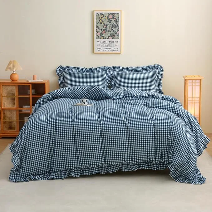 High-Performance Navy Blue White Plaid Ruffle 3-Piece Duvet Cover Set Queen Size Washed Cotton Shabby Gingham Checkered Bedding Set Vintage Comforter Set Professional