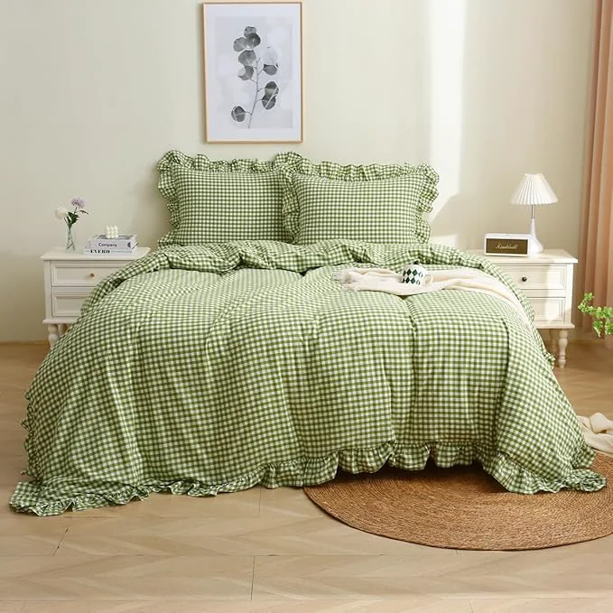 Olive Green White Checkered Ruffle 3-Piece Duvet Cover Set King Size Washed Cotton Shabby Gingham Plaid Bedding Set Farmhouse Comforter Set King Olive Green Environmentally Friendly