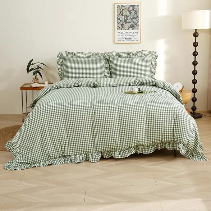 Secure Sage Green White Plaid Ruffle Duvet Cover Full Size Washed Cotton 3 Pcs Vintage Checkered Chic Gingham Farmhouse Bedding Set Comforter Cover Set Fine