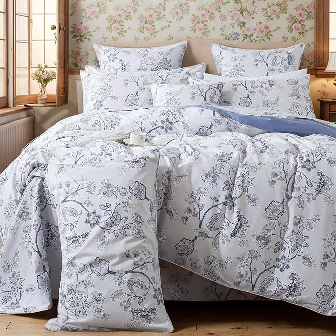 Sophisticated FADFAY Duvet Cover Set Full Floral Bedding Percale Cotton 600 TC Classical Toile Luxury Reversible Light Blue Shabby Vintage Farmhouse Bedding Minimalist Chic Comforter Cover Soft Breathable 3Pcs Enhanced