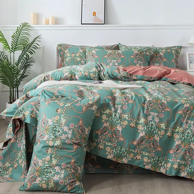 Natural FADFAY Duvet Cover Set Floral Bedding Button Closure Twin Cotton 600 TC Shabby Vintage Reversible Blue Orange Comforter Cover Ultra Soft Breathable Luxury Boho Bedding Set 3Pcs Sustainable
