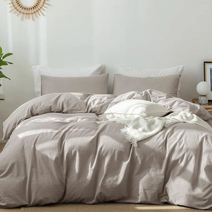 Crafted MooMee Bedding Duvet Cover Set Washed Cotton Linen Like Textured Breathable Durable Soft Comfy Heathered Brownish Grey Super King Plus 120 quot x120 quot Advanced