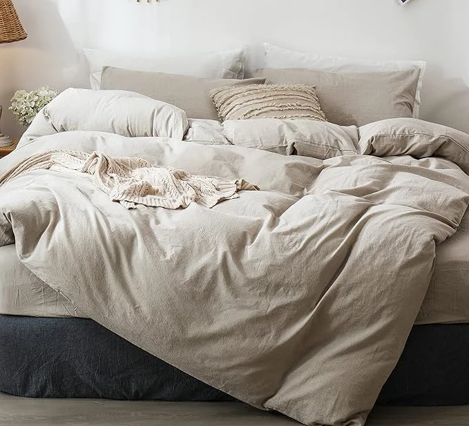 Authentic MooMee Bedding Duvet Cover Set Washed Cotton Linen Like Textured Breathable Durable Soft Comfy Heathered Tannish Linen Grey Palatial King Oversized King 120 quot x98 quot Smart
