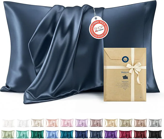 High-Grade Bedsure King Size Satin Pillowcase Set of 2 – Blue Silky Pillow Cases for Hair and Skin with Envelope Closure Similar to Silk Pillow Cases Gifts for Women Men 20×36 Inches 2pcs Certified