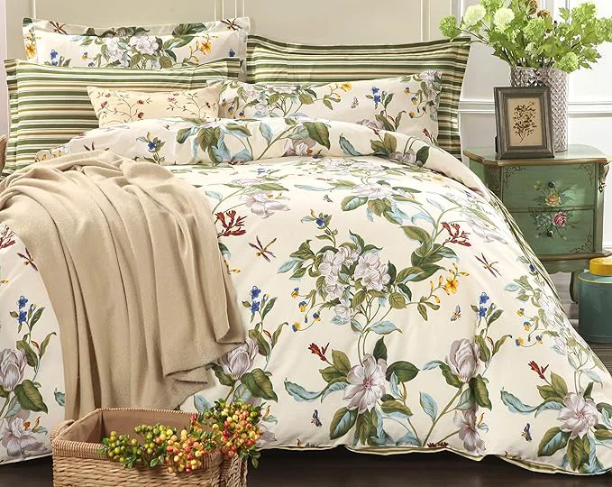 Unique FADFAY Floral Duvet Cover Set Cotton Green and Beige Striped Shabby Flower Bedding Branches Summer Bedding Reversible 600 TC Soft Zipper Comforter Cover amp 2 Pillowcases，Full Healthy