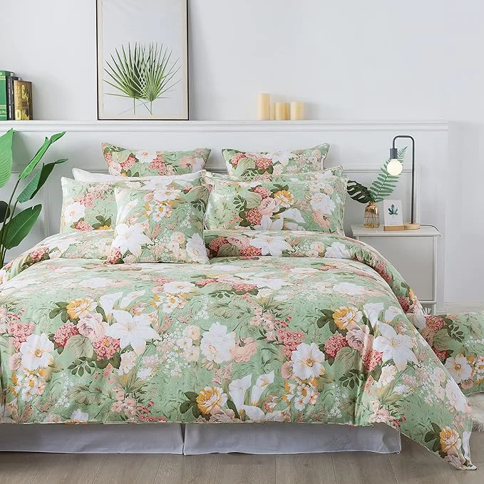 Healthy FADFAY Floral Duvet Cover Set Queen Cotton Shabby Vintage Bedding 600 TC Mint Green White Flower Women Elegant Lily Print Comforter Cover Zipper Corner Ties Soft Bed Cover 3 Pcs Long-Lasting