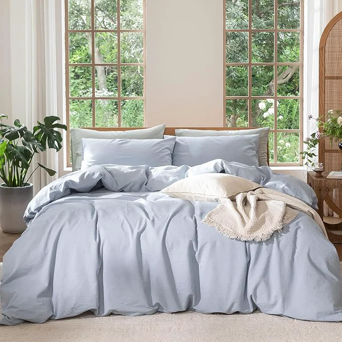 Clean MooMee Bedding Duvet Cover Set Washed Cotton Linen Like Textured Breathable Durable Soft Comfy Heathered Cornflower Blue Super Queen 90 quot x98 quot Effective