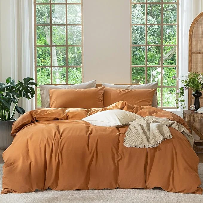 Pure MooMee Bedding Duvet Cover Set Washed Cotton Linen Like Textured Breathable Durable Soft Comfy Solid Burnt Orange Queen 90 quot x90 quot Contemporary