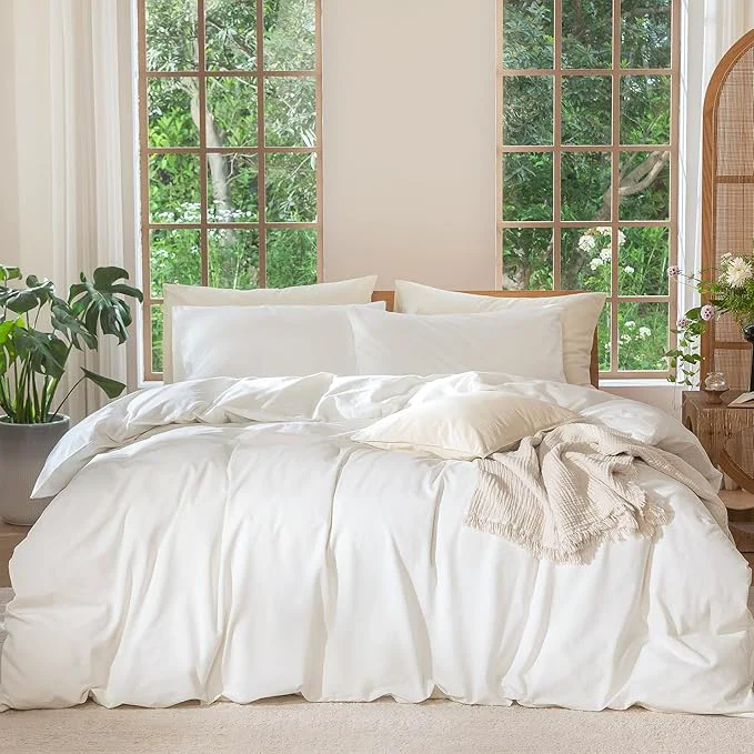 Next-Generation MooMee Bedding Duvet Cover Set Washed Cotton Linen Like Textured Breathable Durable Soft Comfy Solid Off White Super King Plus 120 quot x120 quot High-Quality