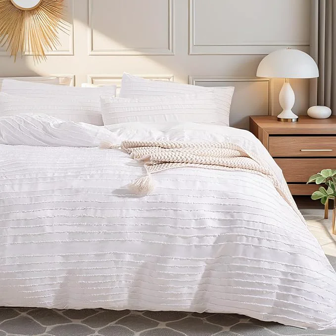 Detailed NEXHOME PRO Duvet Cover King Size White 3 Pieces Boho Tufted Duvet Cover Set Soft and Lightweight Microfiber Comforter Cover Set for All Season White King 104 x 90 -No Comforter Selected
