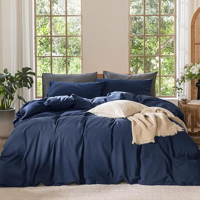 Detailed MooMee Bedding Duvet Cover Set Washed Cotton Linen Like Textured Breathable Durable Soft Comfy Solid Navy Queen 90 quot x90 quot Professional