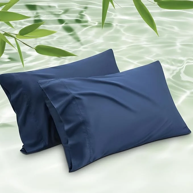 Bedsure Pillow Cases Standard Size Cooling Pillow Cases Rayon Derived from Bamboo Navy Blue Pillowcases Standard Set of 2 PureWoven Silky Soft Pillow Cover with Envelope Closure 20×26 Inches Premium