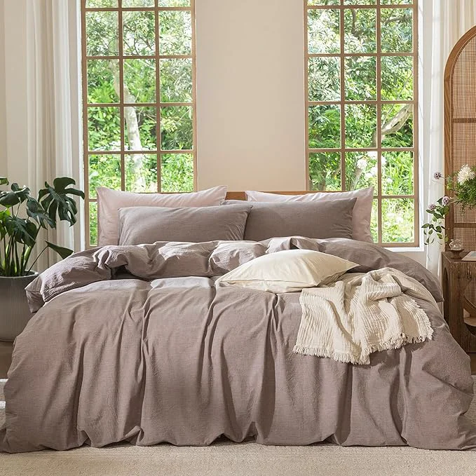 Professional MooMee Bedding Duvet Cover Set Washed Cotton Linen Like Textured Breathable Durable Soft Comfy Heathered Mauve Brown Super Queen 90 quot x98 quot Certified