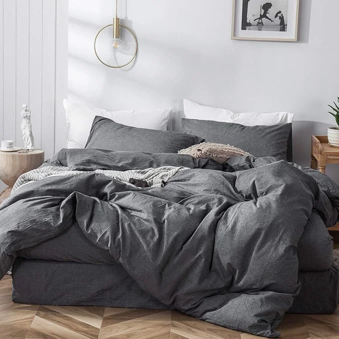Smooth MooMee Bedding Duvet Cover Set Washed Cotton Linen Like Textured Breathable Durable Soft Comfy Heathered Dark Grey Oversized King Plus 128 quot x120 quot Official