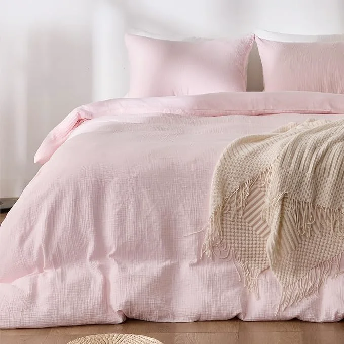 Crafted Pink Duvet Cover Queen Size Sandwashed Cotton Soft Queen Duvet Cover Set 3 Pieces with Zipper Clousre amp Corner Buttons Pink Queen 90 x 90 Sophisticated