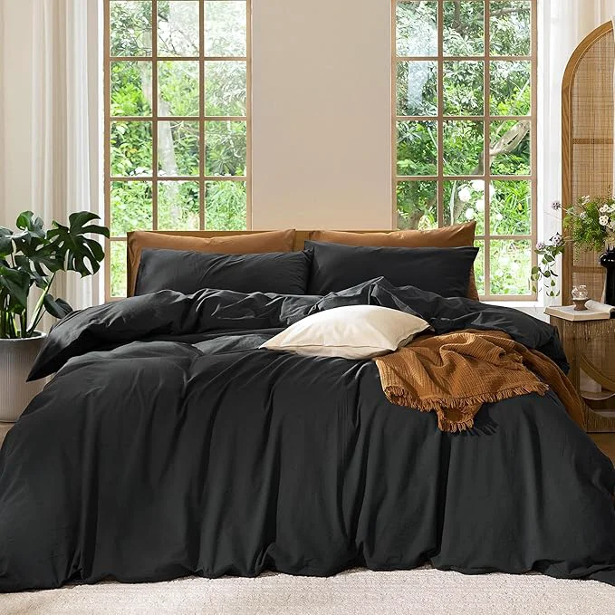 Crafted MooMee Bedding Duvet Cover Set Washed Cotton Linen Like Textured Breathable Durable Soft Comfy Solid Black Cal King 104 quot x98 quot Modern