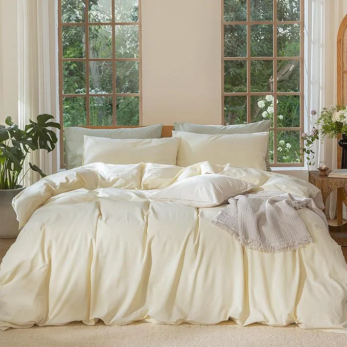 Environmentally Friendly MooMee Bedding Duvet Cover Set Washed Cotton Linen Like Textured Breathable Durable Soft Comfy Solid Cream Super King 108 quot x90 quot Original