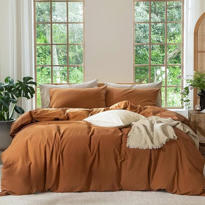 Carefully Designed MooMee Bedding Duvet Cover Set Washed Cotton Linen Like Textured Breathable Durable Soft Comfy Solid Dark Orange Oversized Queen 98 quot x98 quot Consistent